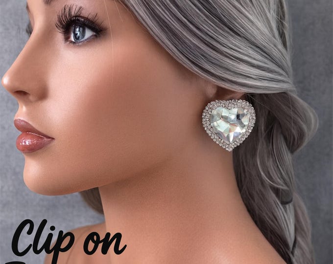 Big Chunky Diamante Heart Clip On Earrings | Sparkly Crystal Statement Studs for Non Pierced Ears | 1.5” (4cm)
