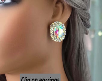 CLIP ON diamante earrings - clip on studs, large silver tone rhinestone - crystal stud earrings for non pierced ears - statement ear clips