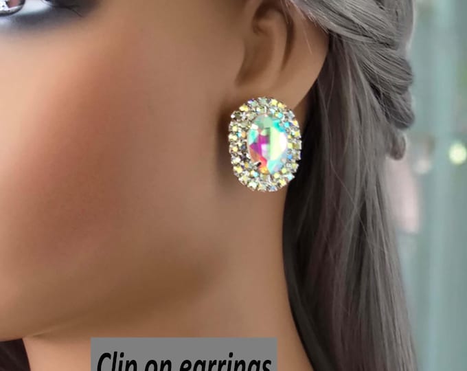 CLIP ON diamante earrings - clip on studs, large silver tone rhinestone - crystal stud earrings for non pierced ears - statement ear clips