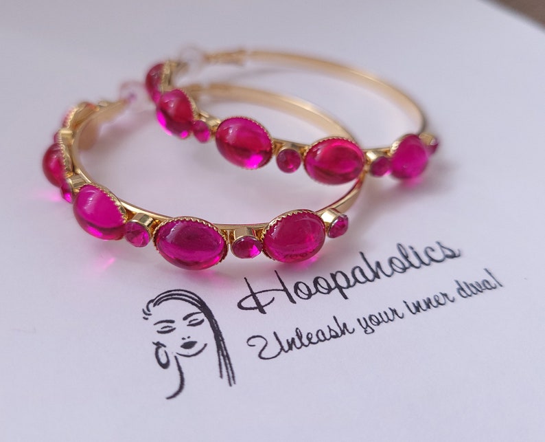 Big gold CLIP ON hoop earrings 2.25 diameter gold tone & fuchsia hot pink diamante / crystal hoop earrings clip on or pierced option image 7