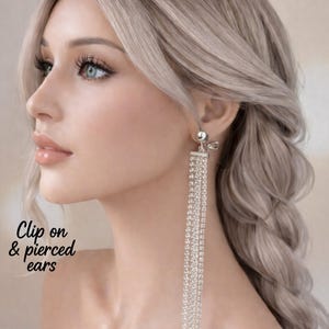 Brincos longos de pressão com strass – Brincos de destaque com corrente de cristal prateada – Opções de comprimento – Para orelhas furadas e não furadas