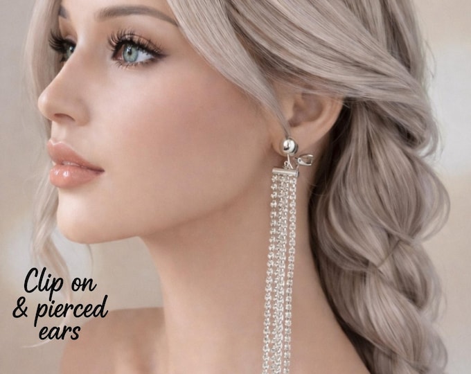 Long Rhinestone Clip On Earrings  – Silver Tone Crystal Chain Drop Statement  Earrings  – Length Options – Non Pierced & Pierced Ears