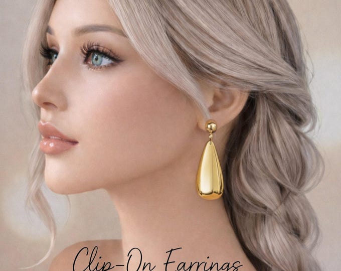 Gold Tone Teardrop Clip On Earrings – Lightweight Drop Statement Dangle Earrings for Non Pierced Ears, Bold Fashion Jewellery