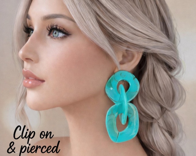 Handcrafted Aqua - Turquoise Acrylic Chain Earrings – Chunky Statement Jewelry - 3 length Options