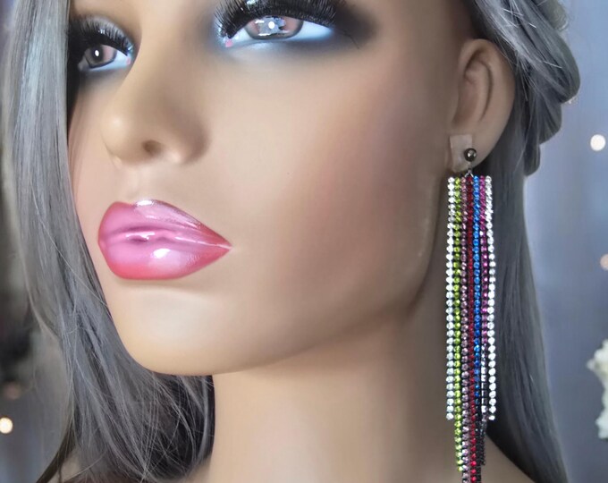 1 pair of multi colored diamante CLIP ON drop earrings - 5.5" long waterfall rhinestone drop earrings for non pierced ears,