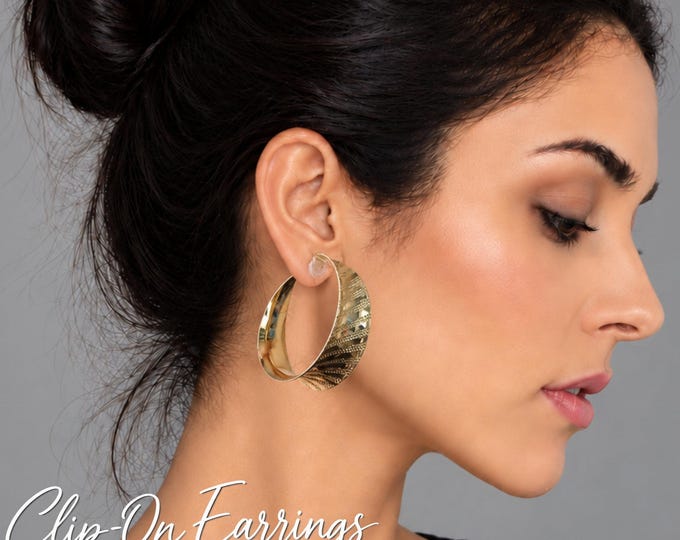 Clip On Hoop Earrings – Wide Textured Gold Tone Hoops – Statement Non Pierced Earrings – 1.75" - 4.5cm
