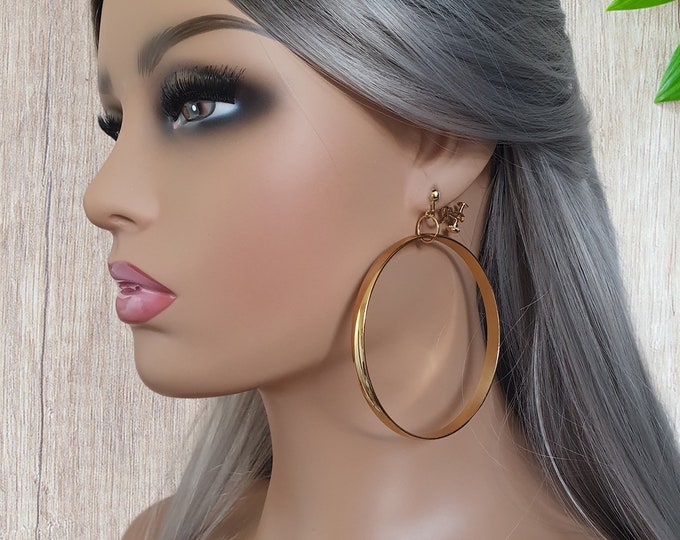 1 pair of big statement CLIP ON chunky wide flat tube hoop drop earrings - 3.25" gold or silver STAINLESS steel - clip on or pierced options