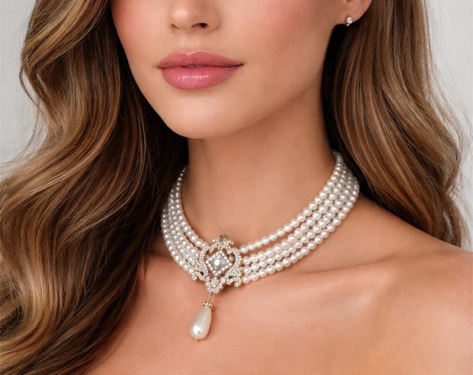 Vintage Style Pearl Choker Necklace, Multi Strand Bridal  Statement Recycled Wedding Jewellery,