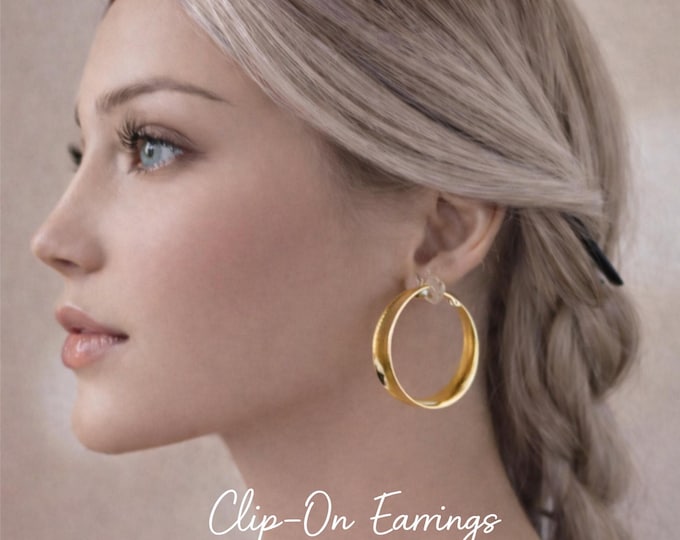 Clip On Hoop Earrings – 18K Gold Plated Sterling Silver Wide Concave Tube Hoops – Non-Pierced - 1.5" - 3.5cm
