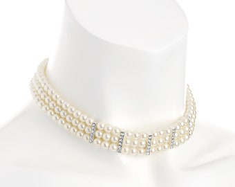 Glass faux ivory pearl bead & diamante choker necklace - 3mm glass beads with diamante bar detail - 14" - 16"