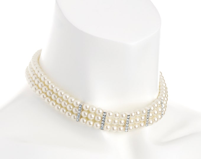 Glass faux ivory pearl bead & diamante choker necklace - 3mm glass beads with diamante bar detail - 14" - 16"