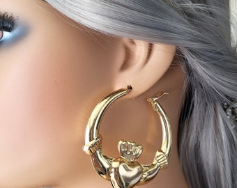 Gold / silver tone CLIP ON hoop earrings - 2.5" diameter - claddagh design chunky hoop earrings - clip on or pierced option  *Slight 2nds