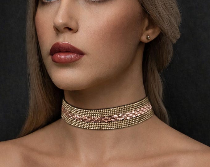 Gold & Rose Gold Rhinestone Choker Necklace – Black Velvet Band Crystal Choker – Sparkly Statement Collar Necklace