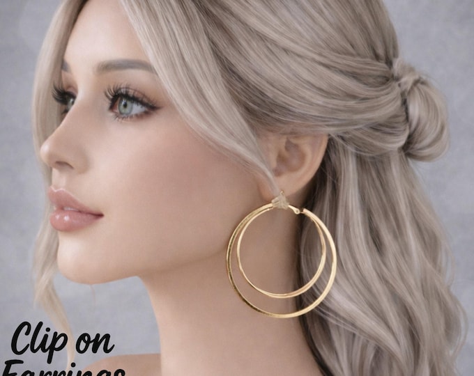 Double Hoop Clip-On Earrings – Gold or Silver Tone Statement Hoops – 2.3" - 6cm