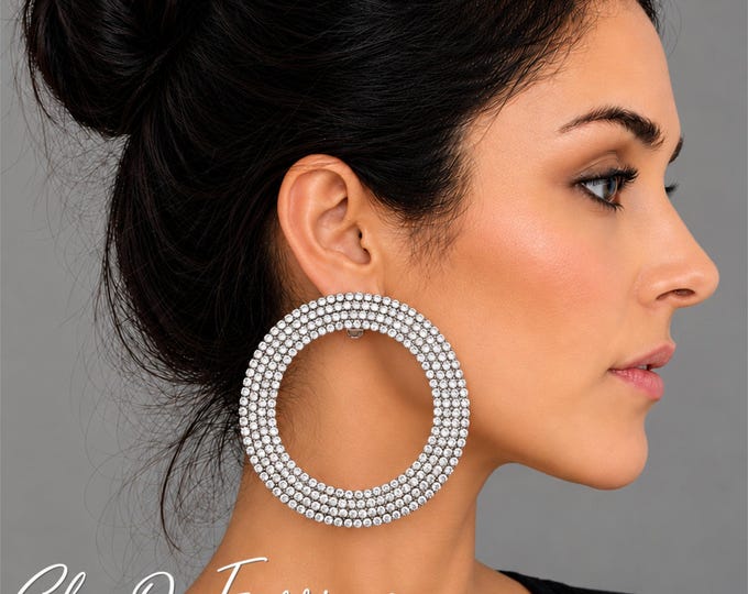 Rhinestone Clip On Hoop Earrings – Statement Diamante Crystal Stud Hoops  Non Pierced Ears – 2.8" - 7cm