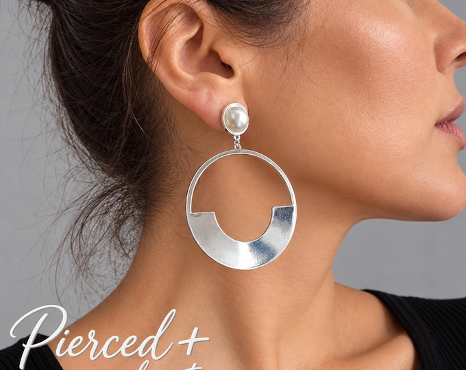 Clip On Silver Tone  Statement Hoop Earrings – Pearl Top Oversized Flat Hoops – 3" – 7.5cm