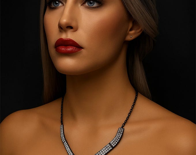 Black Crystal V-Shaped Statement Necklace – 18" Sparkly Rhinestone Choker – Adjustable Evening Necklace