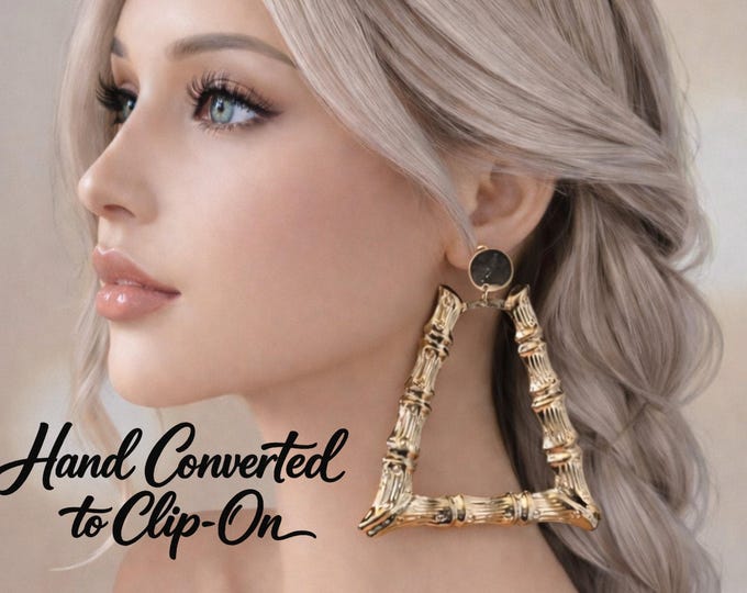 Gold Tone Bamboo Triangle Clip On Earrings – 3.75"  Big Bold Statement Hoops Non Pierced Ears
