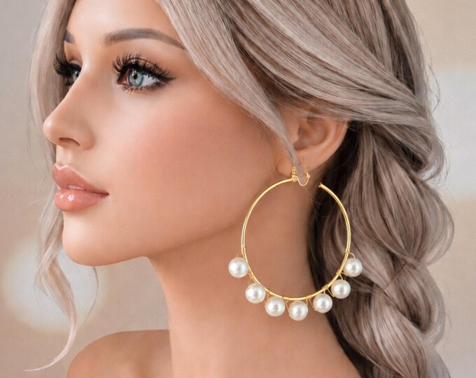 Clip On Faux Pearl Hoop Earrings - Gold Stainless Steel Statement Hoops Bridal Earrings -  3" - 7.5cm