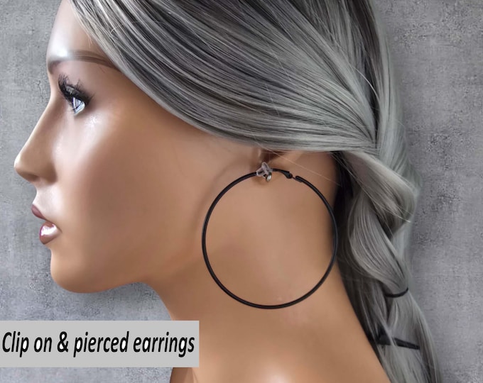 CLIP ON hoop earrings - 2.75" BLACK painted big hoop earrings for non pierced ears, ear clips, large white clip on hoop earrings