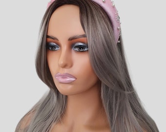 Beautiful 3cm wide soft padded pink velour with diamante & pearl bead detail -  headband - aliceband