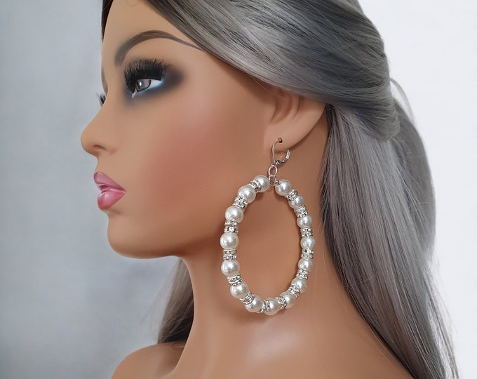 1 pair of large faux pearl & diamante style CLIP ON hoop drop earrings - 4" long BIG bold statement earrings Clip on or pierced option