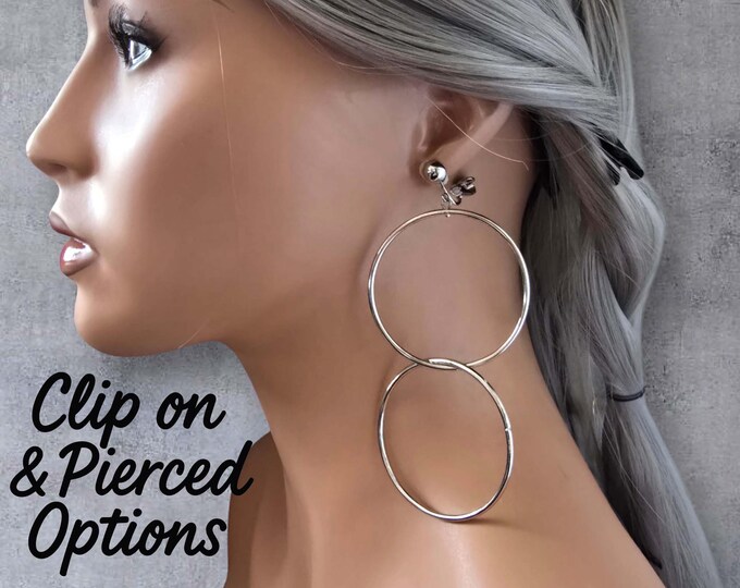 Long Double Hoop Silver Tone CLIP ON Earrings – 4" Long Statement Linked Hoops – Non Pierced or Pierced Options