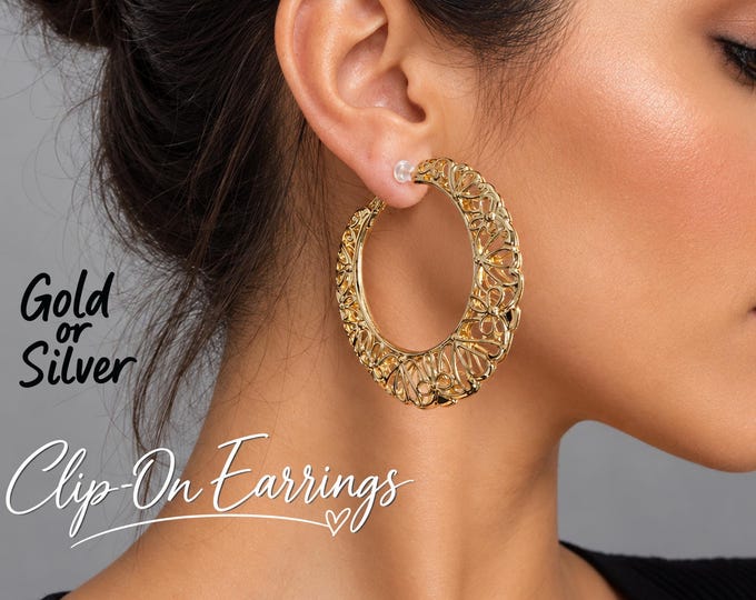 Clip On Hoop Earrings,  Lightweight Filigree Hoops, Large Non Pierced Gold or Silver Statement Hoops - 2.5" - 6.5cm