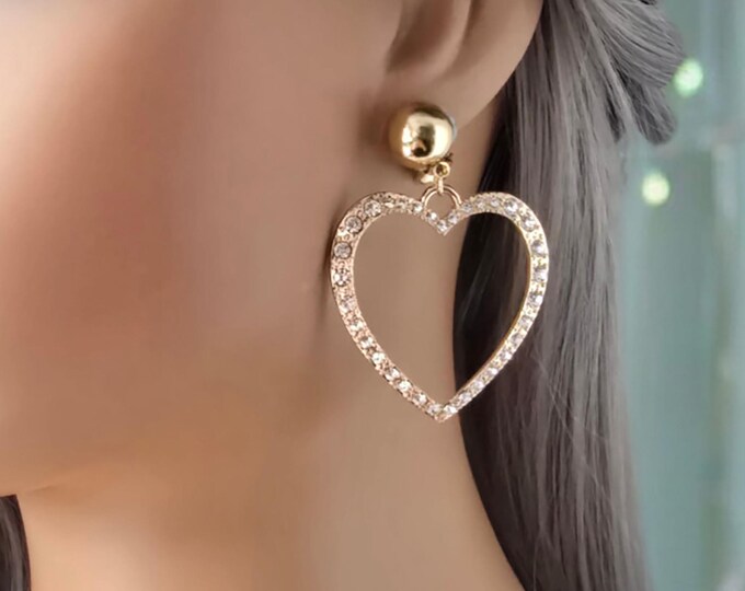 1 pair gold tone & diamante CLIP ON drop earrings - 2.25" long heart shape diamante - rhinestone hoop drop earrings - pierced or non pierced