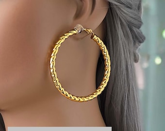 CLIP ON hoop earrings, 2.75" Gold stainless steel clip on hoops, chunky twisted hoops pierced - non pierced, ear clips, Gold hoop earrings