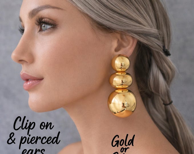 Clip  On Earrings - Big Chunky Statement Gold or Silver Tone Drop Earrings |  Bold Modern Geometric Design