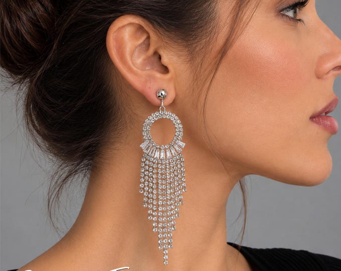Clip On Silver Tone Rhinestone Chandelier Earrings – Statement Crystal Tassel Earrings – 4" – 10cm