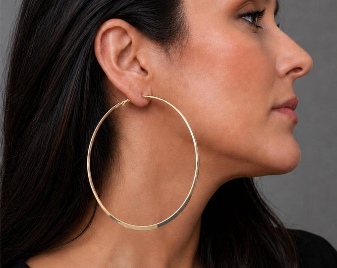 Gold Tone Clip On Hoop Earrings – Large Flat Edge Hoops – Lightweight Statement Earrings – Non Pierced Ears – 3.5" - 9cm