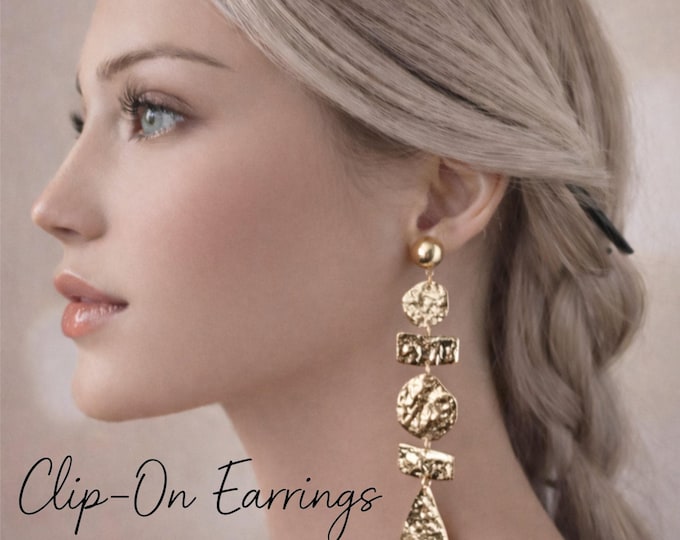 Clip On Statement Earrings, Long Gold Tone Textured Drop Dangle Earrings, Non Pierced - 5" - 12.5cm