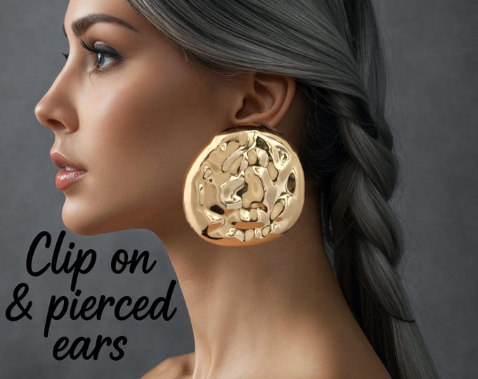Oversized Gold Disc Clip-On Earrings – Big Statement Dome Earrings, High Shine Bold Fashion Clips for Non-Pierced Ears