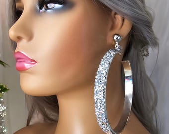 1 pair of HUGE CLIP ON C shape hoop earrings - 4.25" long silver tone wide design wide flat tube hoop earrings sparkly with rhinestone trim