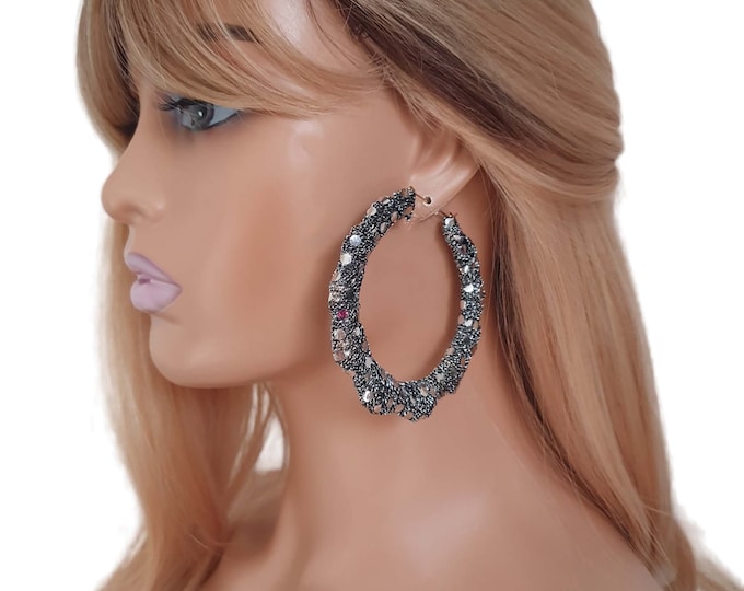 1 pair of XXL Big fab Black & silver sequin fabric wrapped oversized creole hoop earrings for pierced ears - 3.5" Huge statement hoops
