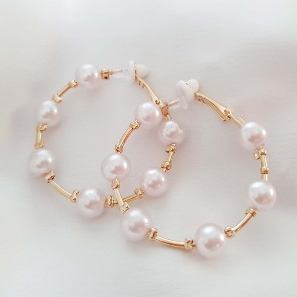 1 pair of 1.5" CLIP ON hoop earrings, scattered faux pearl beads, gold or silver colour hoop options, Clip on - non pierced or pierced hoops