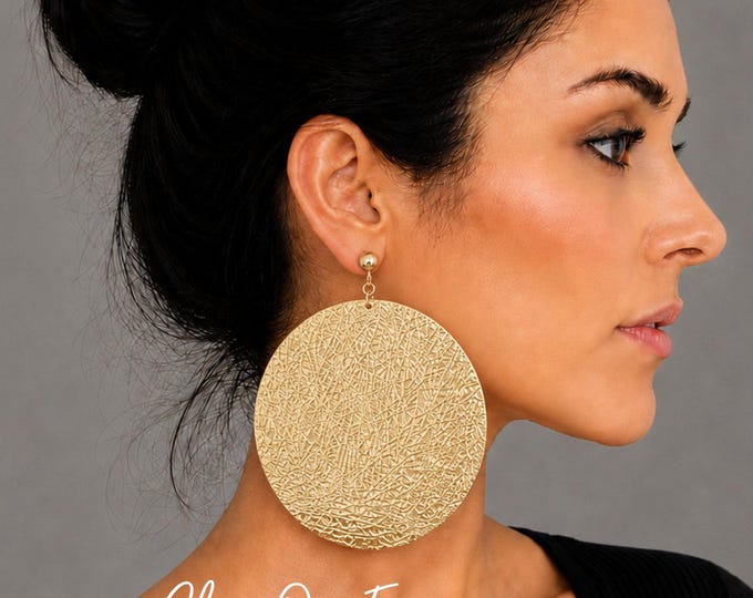 Oversized Gold Tone Disc Clip On Earrings – Large Textured Statement Earrings – Bold  Earrings – Non Pierced Earrings - 4.25" – 11cm