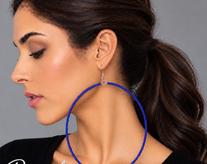Oversized  Clip On Hoop Earrings – Extra Large Statement Hoops – Cobalt Blue Seed Bead Earrings – 5.5" – 14cm