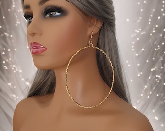 1 pair of XXL MATT GOLD glass seed bead hoop earrings - Clip on or pierced options - Huge 4.5" diameter, lightweight hoops, Gold plated clip