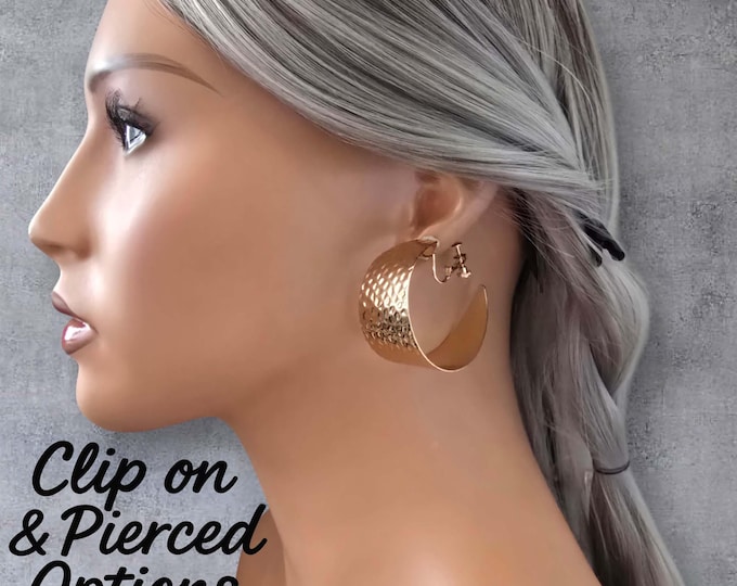 Wide Gold Tone Hammered C Hoop Earrings – Clip-On Statement Hoops