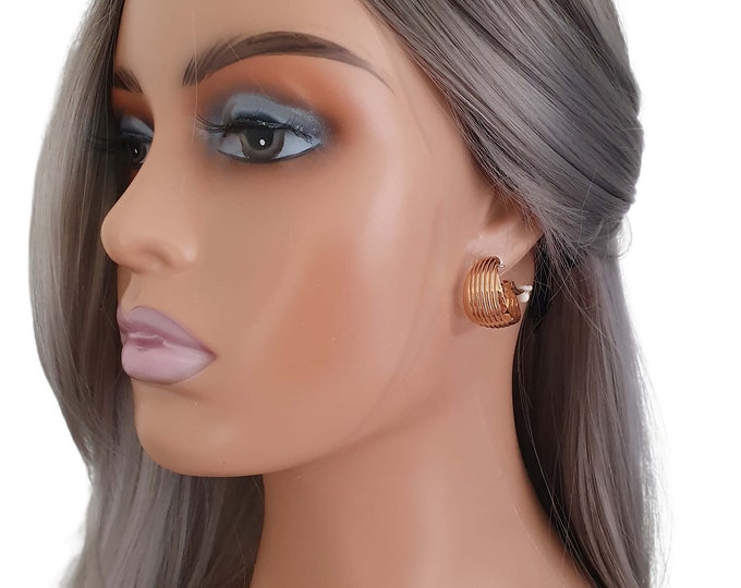 Beautiful extra wide gold or silver coloured patterned CLIP ON  hoop earrings - 2.2cm - 0.9" diameter - 1.5cm wide