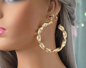 1 pair  18k gold  plated CLIP ON C shape hoop earrings - 2.5" thick chunky twisted gold plated C shape hoop earrings for non pierced ears