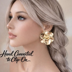 Gold Tone Flower Clip On Earrings – 2" Layered Studs - Non Pierced Ears