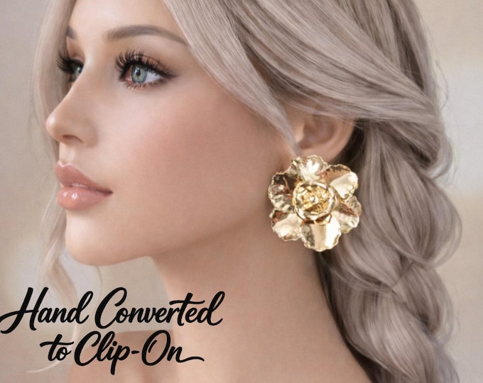 Gold Tone Flower Clip On Earrings – 2" Layered Studs - Non Pierced Ears