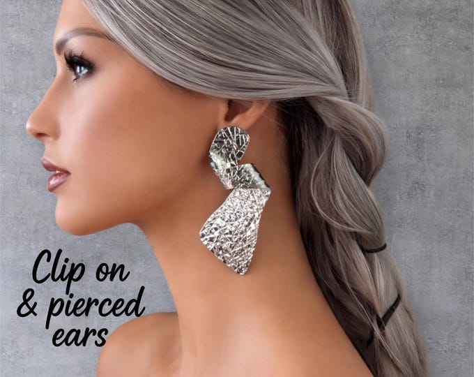 CLIP ON drop earrings, 4" Long Statement Silver Textured Sculptural Abstract Dangle - Drop Earrings Bold Modern Jewellery