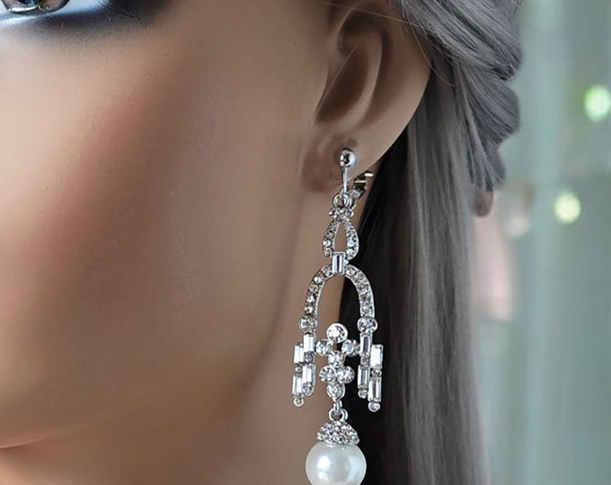 1 pair of CLIP ON drop earrings - 3.2" long silver tone - diamante, rhinestone & white faux pearl bead drop earrings for non pierced ears,