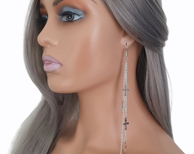 1 pair of 7"  long Silver tone waterfall chain tassel  layered CROSS charm drop earrings - clip on or pierced options - Super long earrings