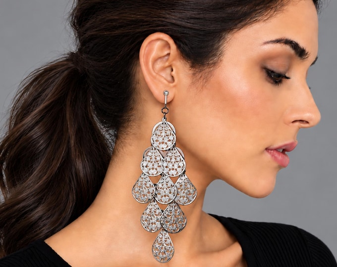 Extra Long Gunmetal Grey Filigree Chandelier Earrings – Statement Teardrop Clip On Earrings – 5.25" - 13.5cm